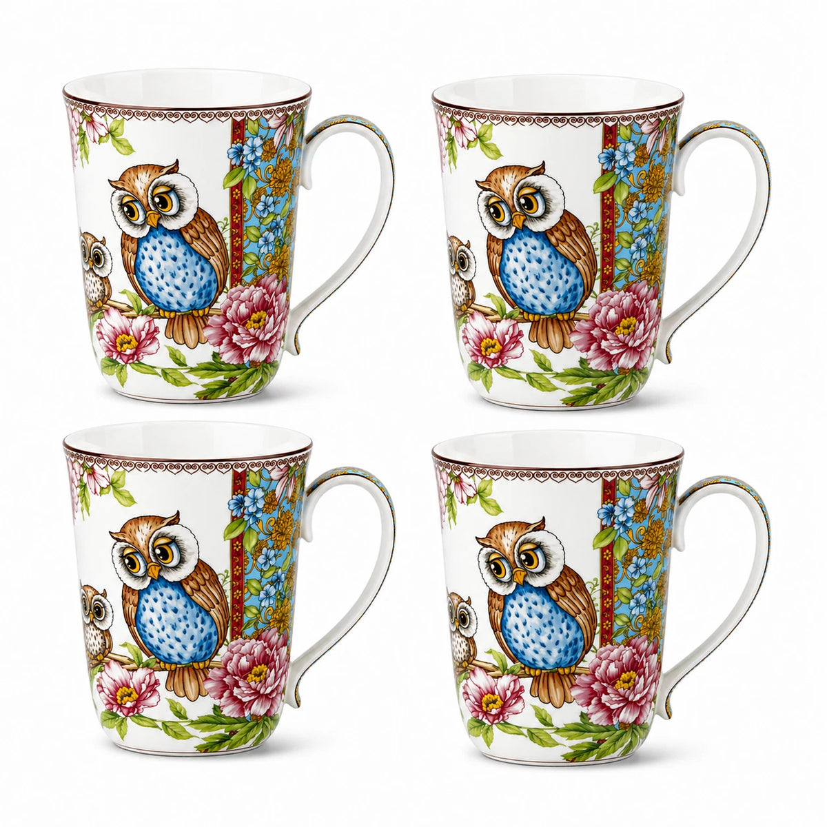 1-6x Owl 405ml Fine Porcelain Coffee Mug Tea Cup Floral Gift Box Gift Box