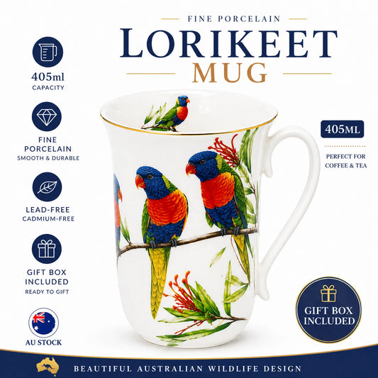 1-6x 405ml Fine Porcelain Lorikeet Mug Coffee Tea Cup Gift Box Australian Bird Design
