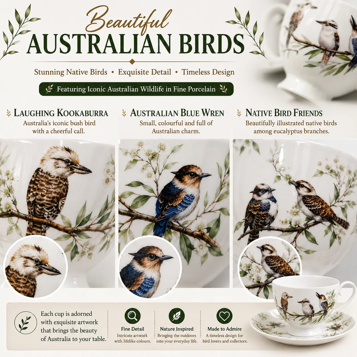 Set of 2 Cups & Saucers 250cc Australian Bird Kookaburra Fine Porcelain Gift Box