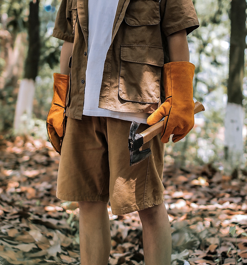 Outdoor Camp BBQ Long Anti-hot Gloves Cowhide Leather Heat Resistant Protection