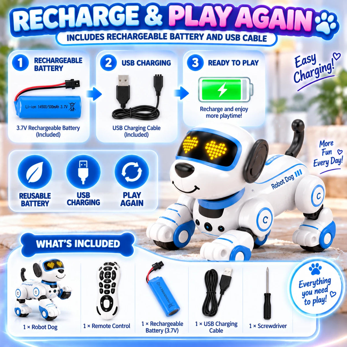 Remote Control Robot Dog Toy Dancing Stunt Touch Follow Light Sound Rechargeable