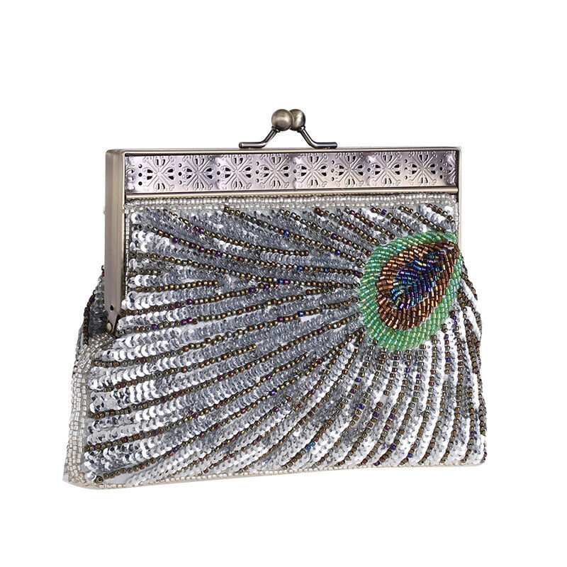 Women Bridal Metal Frame Sequined Bead Party Wedding Handbag Prom Evening Clutch