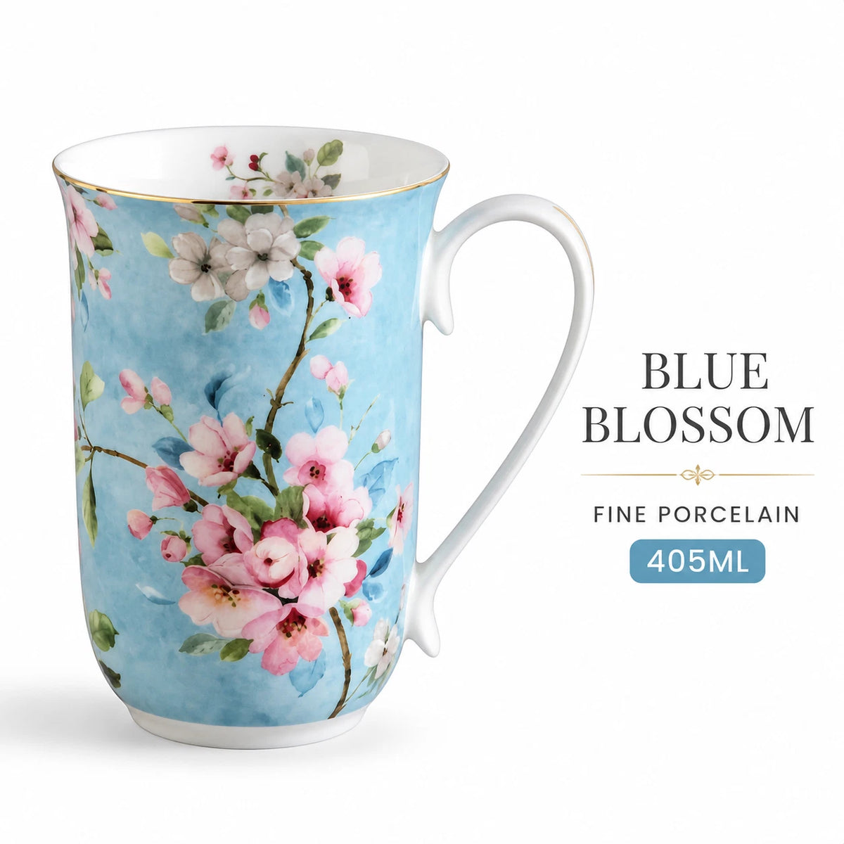 1-6x Blue Floral Porcelain Mug 405ml Vintage Peach Blossom Tea Coffee Cup Daily Gift