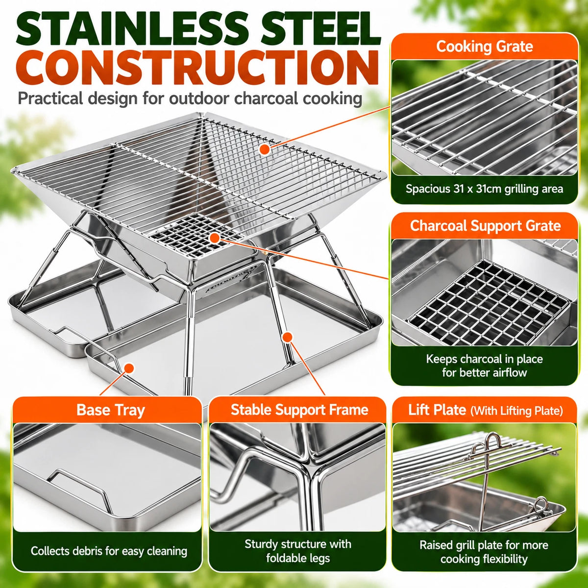 Portable Folding Charcoal BBQ Grill Stainless Steel Camping Outdoor Barbecue Set