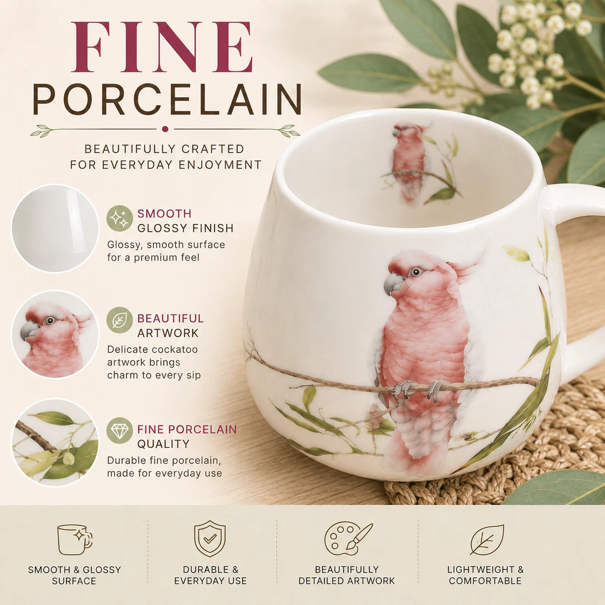1-6x Australia Bird 400cc Fine Porcelain Coffee Mug Cockatoo Pink Yellow Tea Cup Gift