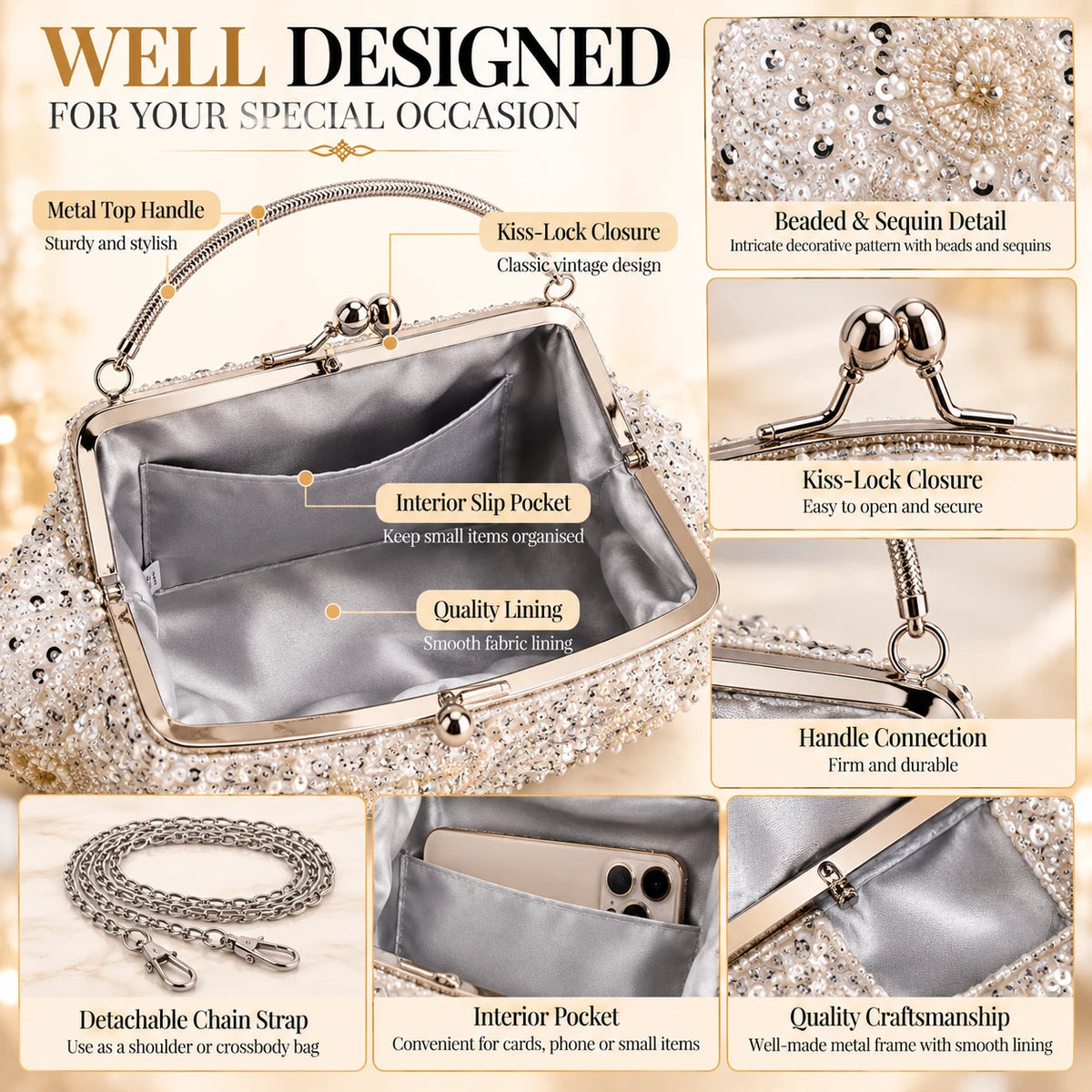 Women Beaded Sequin Evening Bag Clutch Wedding Bridal Prom Party Handbag Purse