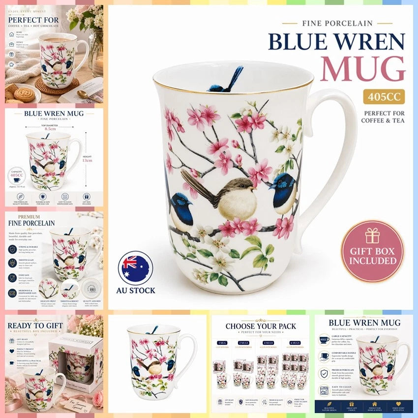 1-6x Fine Porcelain Blue Wren Mug 405cc Coffee Tea Cup Gift Birds of Australia