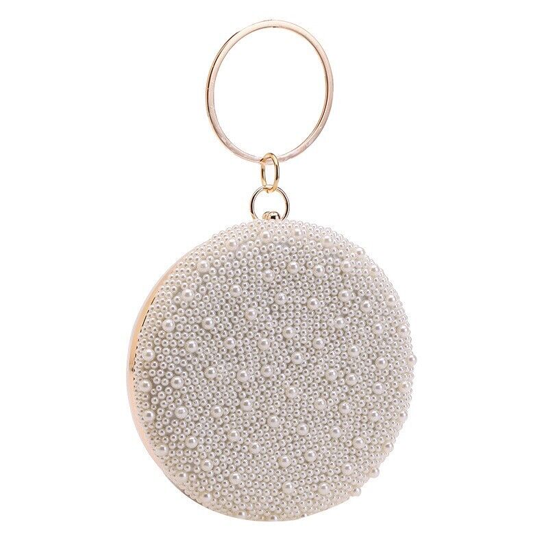 Fashion Woman Pearl Rhinestone Round Elegant Wedding Clutch Evening Party Bag