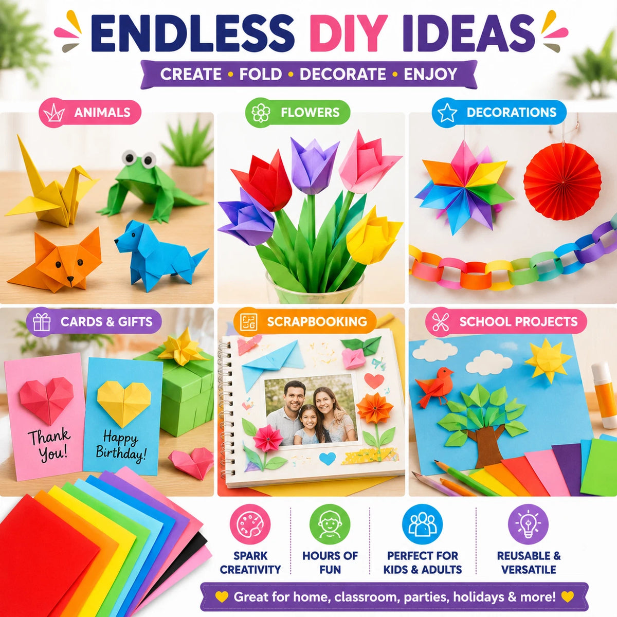 2 Pack 70 Sheets Origami Paper 7 Colours Square Folding Craft Paper Mixed Sizes DIY Kid