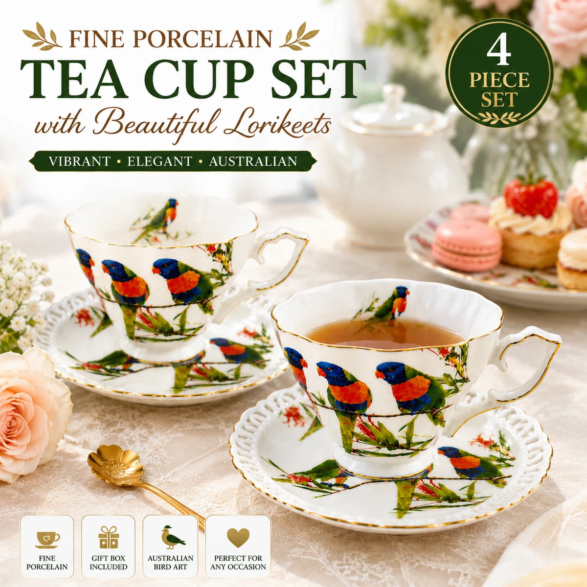 Set of 2 Cups & Saucers 250cc Rainbow Lorikeets Bird Fine Porcelain Gift Box