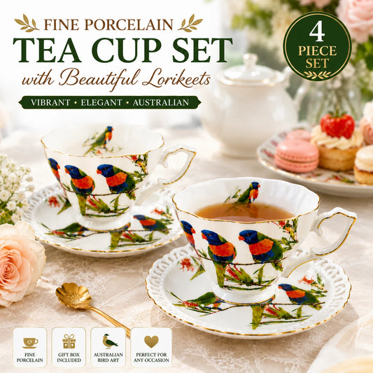 Set of 2 Cups & Saucers 250cc Rainbow Lorikeets Bird Fine Porcelain Gift Box