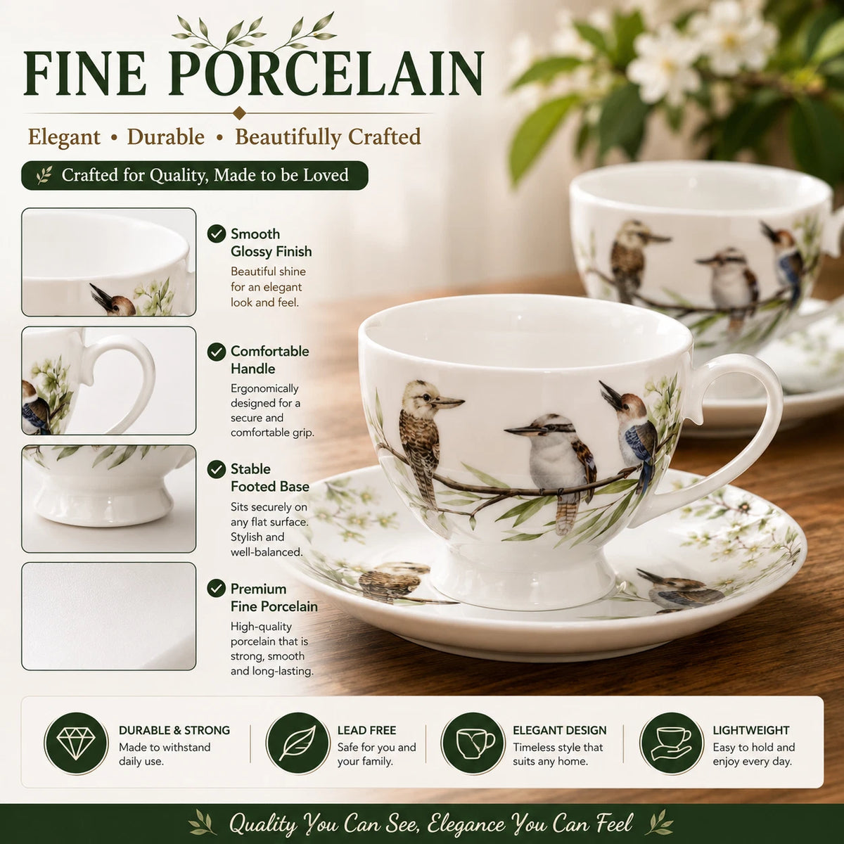 Set of 2 Cups & Saucers 250cc Australian Bird Kookaburra Fine Porcelain Gift Box