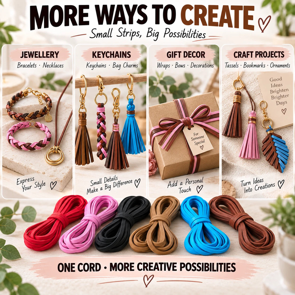 PU Faux Leather Cord Strips 1M x 3mm Jewellery Making DIY Craft 4 Pack