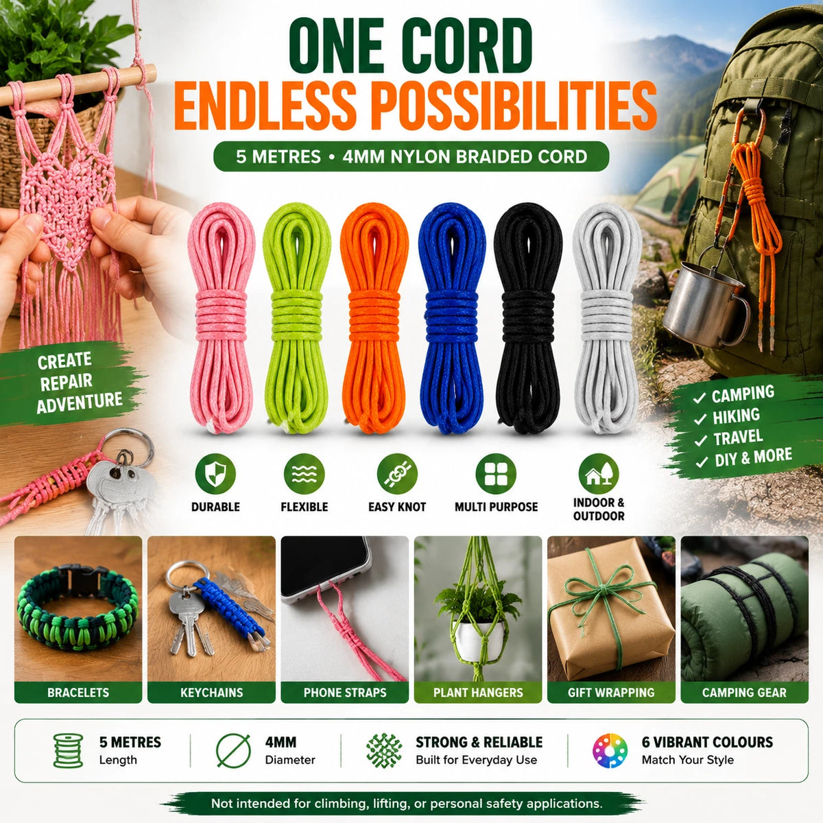 6 Pack 5M 4MM Nylon Braided Cord Rope Craft Camping Hiking DIY Macrame Binding 6 Color