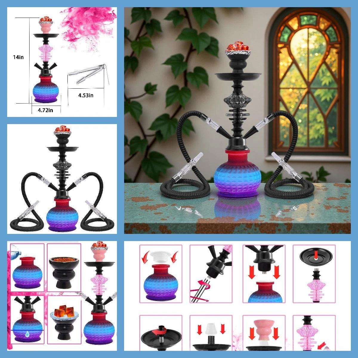 36cm 2 Hose Portable Black Gradient Blue Shisha Hookah Narguile Party Club Bar