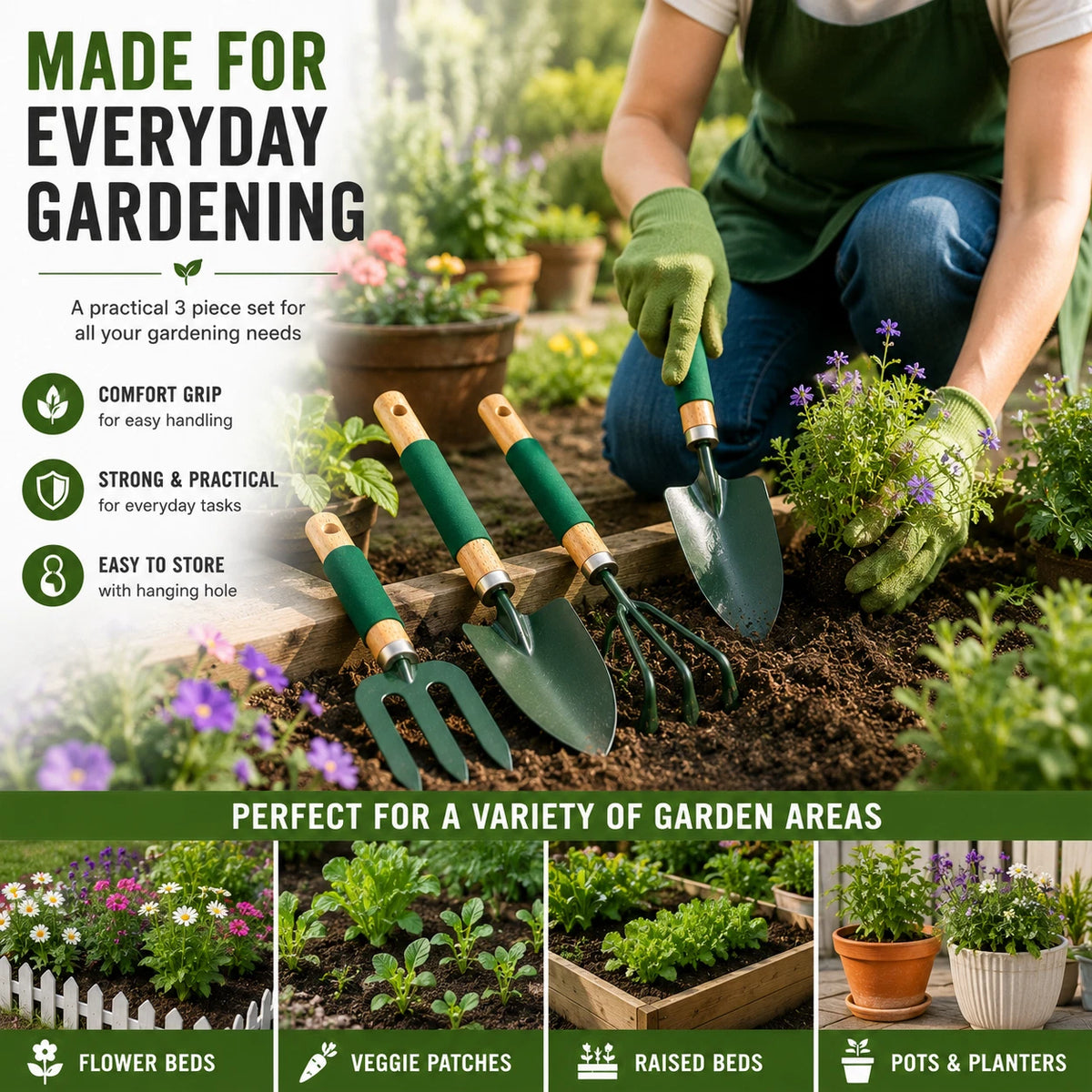 3 Pieces Garden Tool Set Hand Trowel Fork Cultivator Digging Planting Weeding
