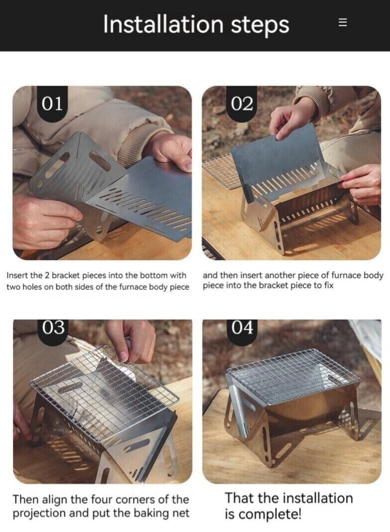 Outdoor Portable Folding Card Stove Stainless Steel Burner Grill BBQ Wood Burn