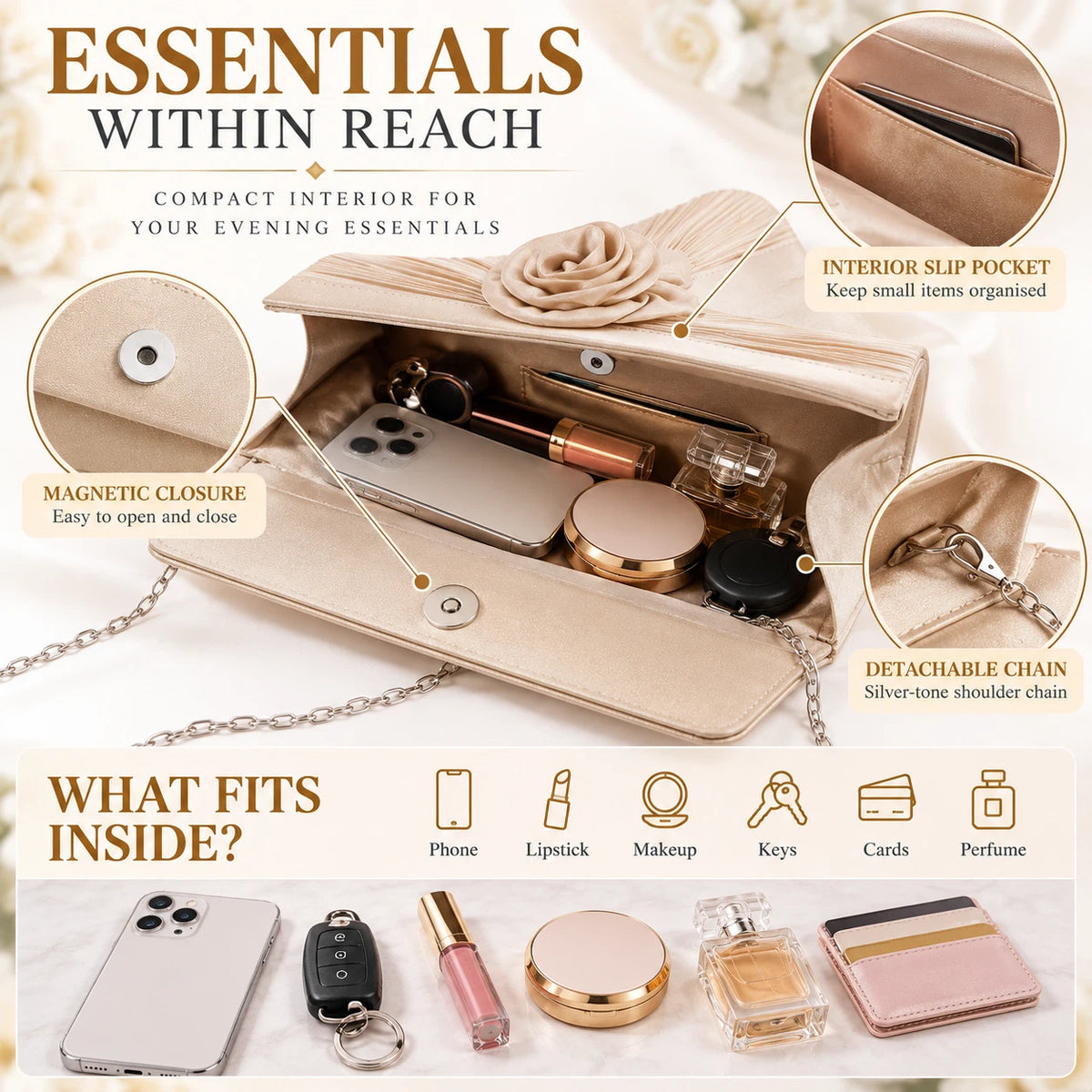 Women Satin Flower Evening Clutch Bag Wedding Party Prom Bridal Shoulder Handbag 15 Colour