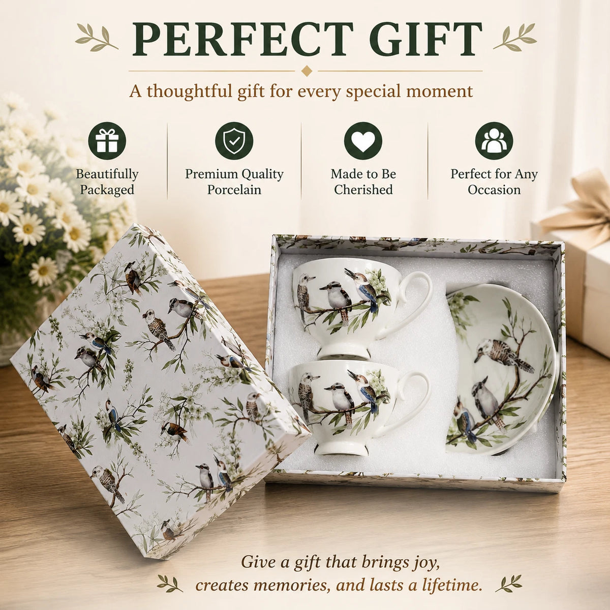 Set of 2 Cups & Saucers 250cc Australian Bird Kookaburra Fine Porcelain Gift Box