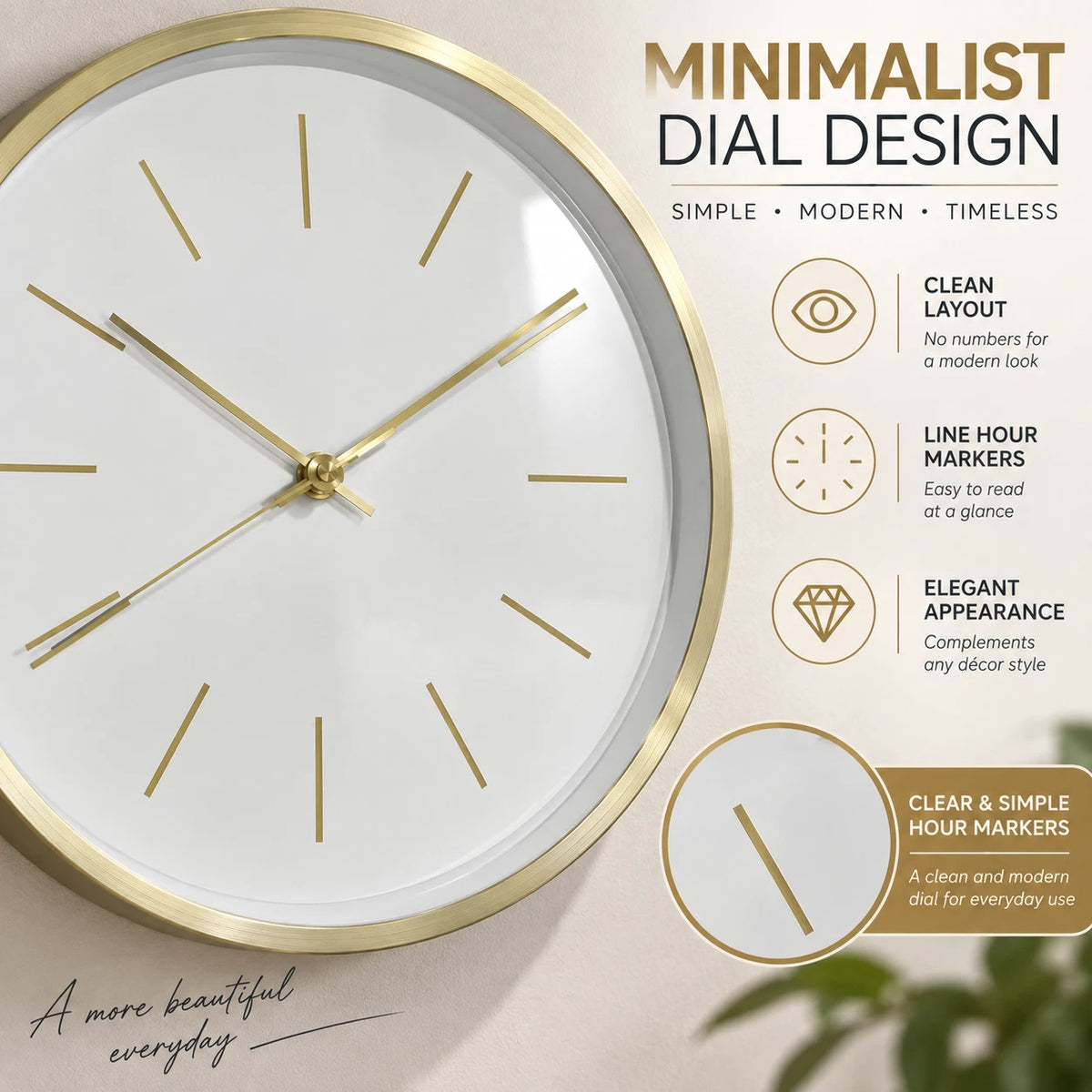 30cm Modern Wall Clock White Gold Minimalist Analogue Round Home Office Decor