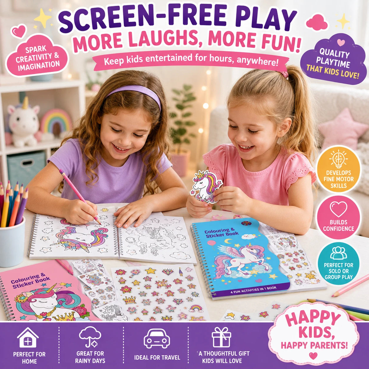2x Creative Unicorn Colouring & Stickers Activity Book Kids Spiral Bound Craft Fun Pink & Blue Mixed Set