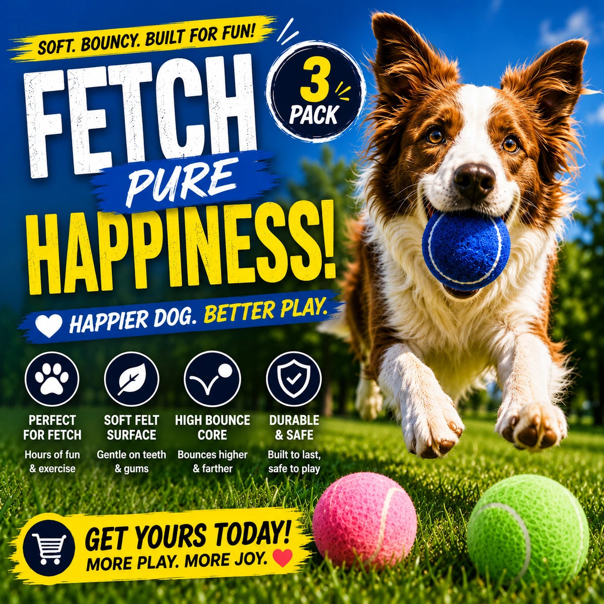3 PCS Dog Tennis Balls 7cm Pet Toy Ball Bouncy Chew Fetch Play Puppy T ...