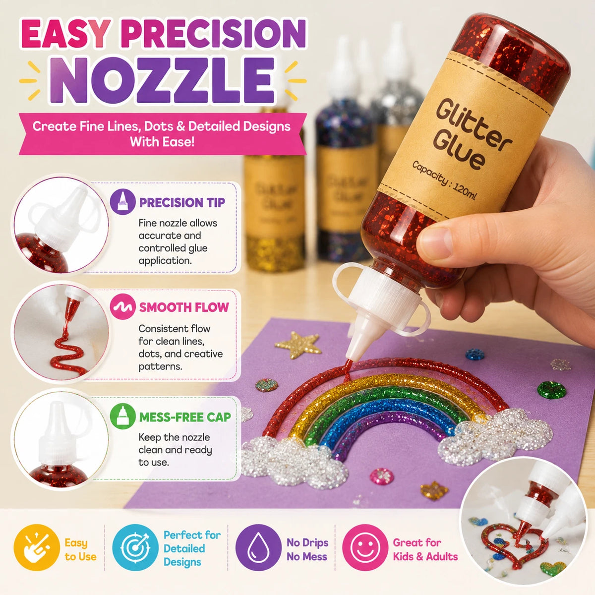 5X Craft Glitter Glue 120ml Coloured Gel Kids Crafts Scrapbooking School Project