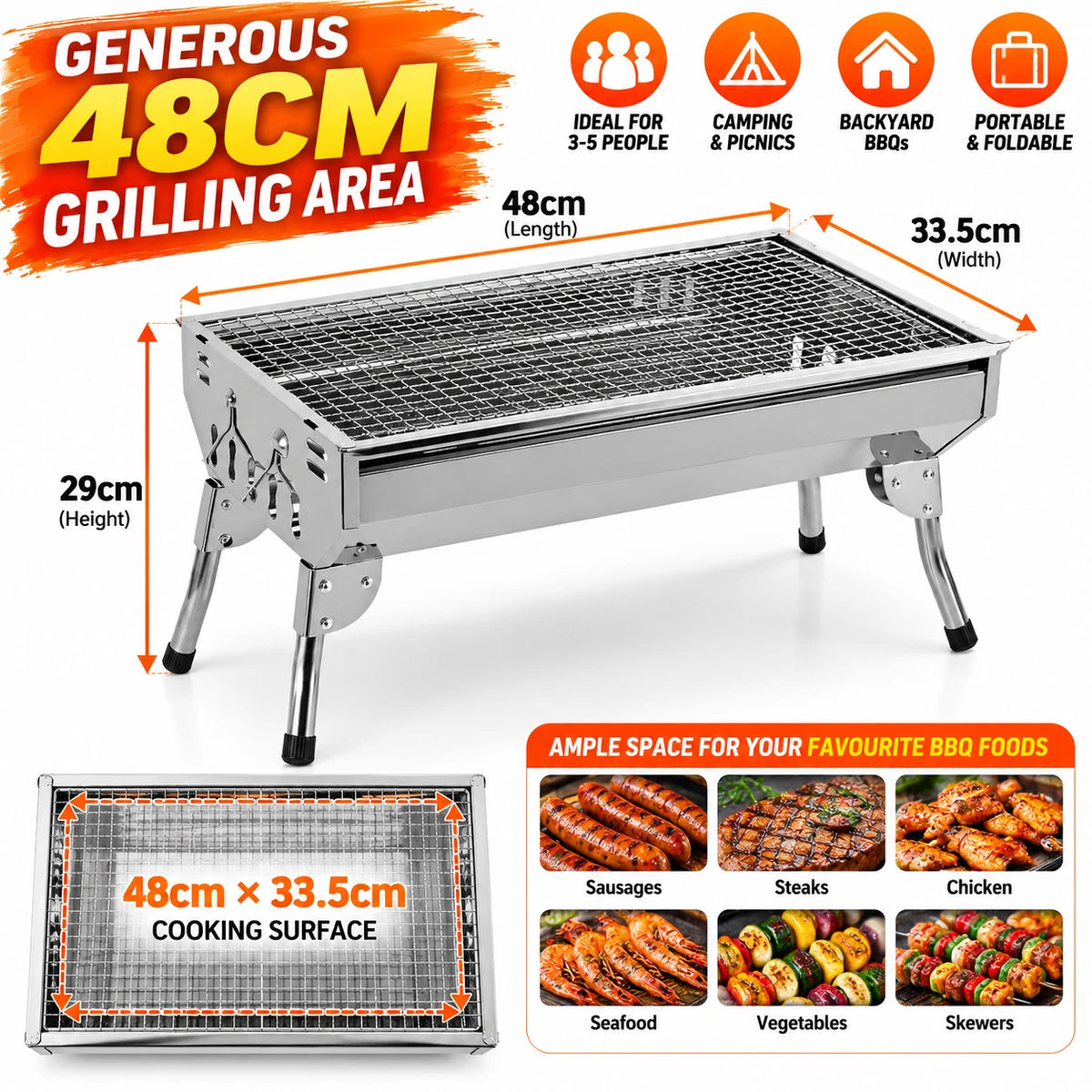 Portable Charcoal BBQ Grill 48cm Foldable Stainless Steel Camping Outdoor Barbecue #BBQHH001