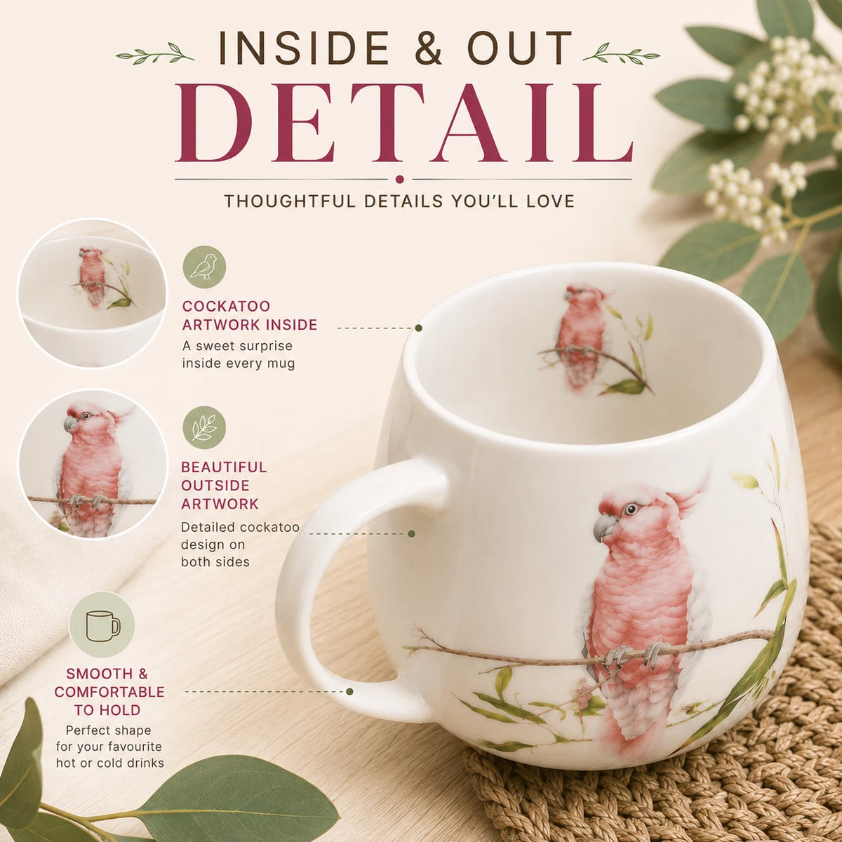 1-6x Australia Bird 400cc Fine Porcelain Coffee Mug Cockatoo Pink Yellow Tea Cup Gift
