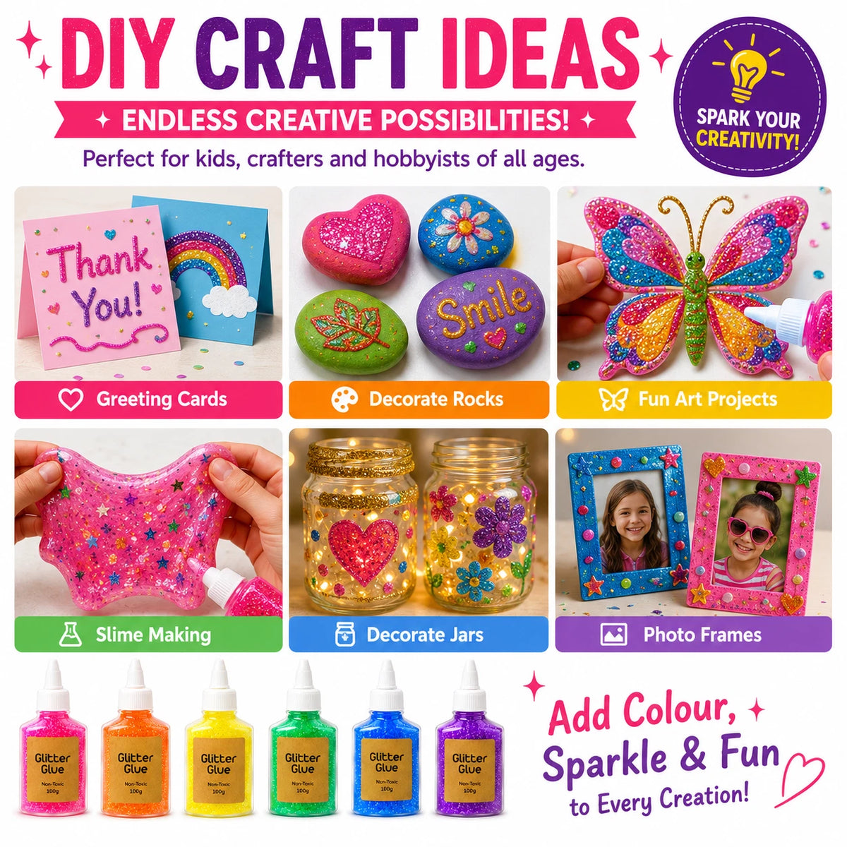 6 Pack 100g Glitter Glue Assorted Colours Sparkle Art Craft DIY Adhesive Decor