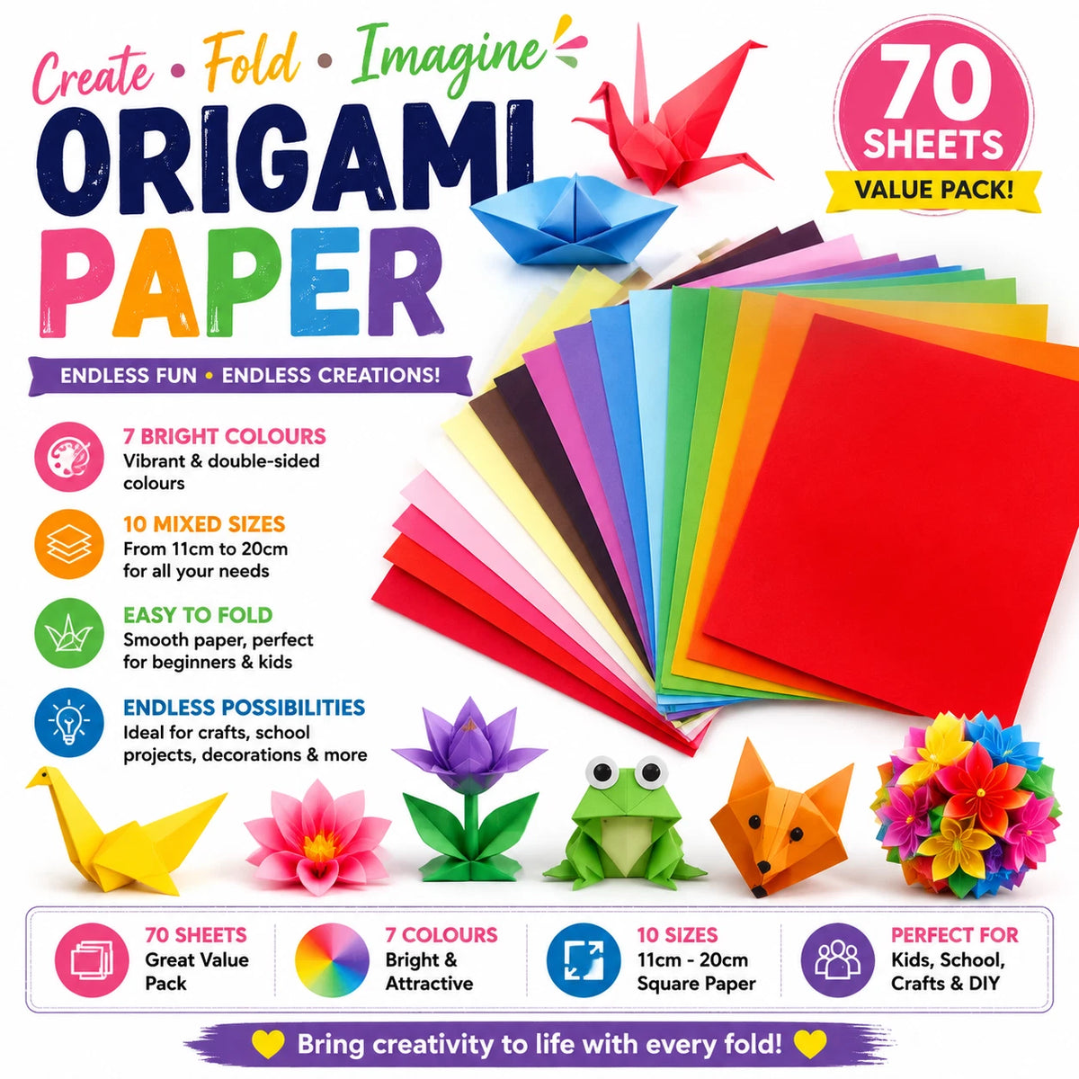 2 Pack 70 Sheets Origami Paper 7 Colours Square Folding Craft Paper Mixed Sizes DIY Kid
