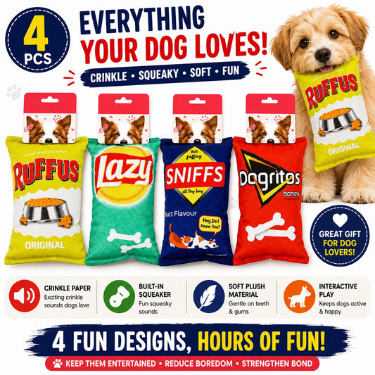 4PCS Crinkle Squeaky Dog Toys Plush Chip Bag Interactive Pet Puppy Chew Toy Soft