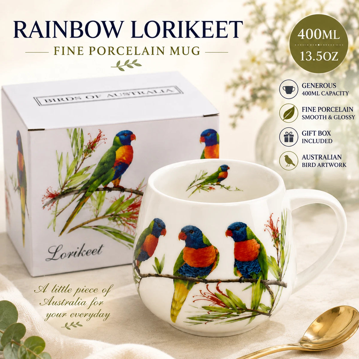 1-6x Rainbow Lorikeet Mug 400ml Fine Porcelain Australian Bird Coffee Tea Cup Gift
