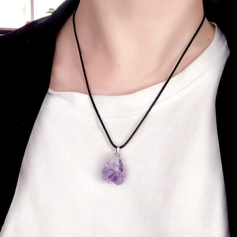 Fashion Irregular Amethyst Pendant Raw Stone Necklace Wax Rope Lady Jewelley