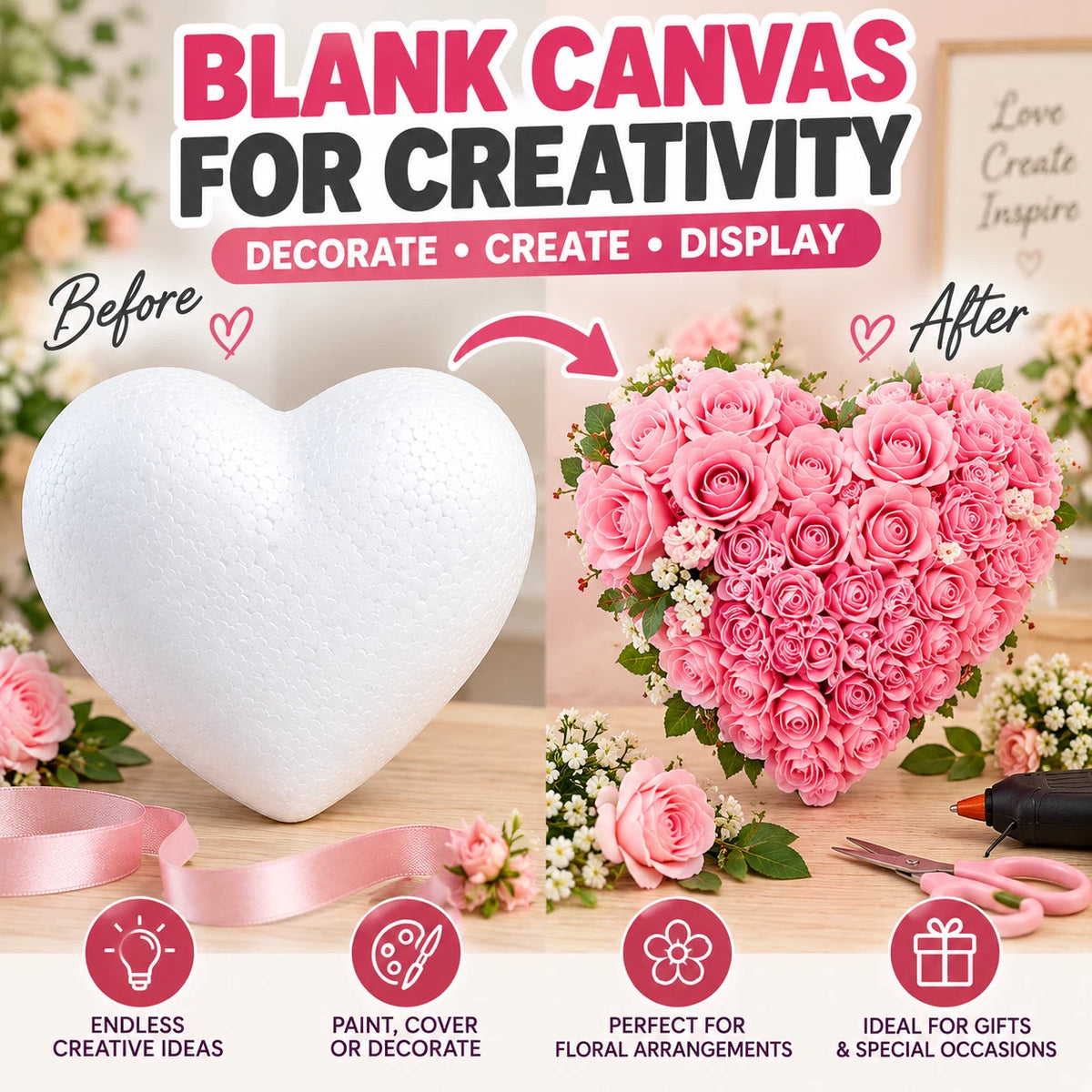 2x 23cm Large Foam Heart Polystyrene Blank DIY Craft Wedding Floral Decor Base