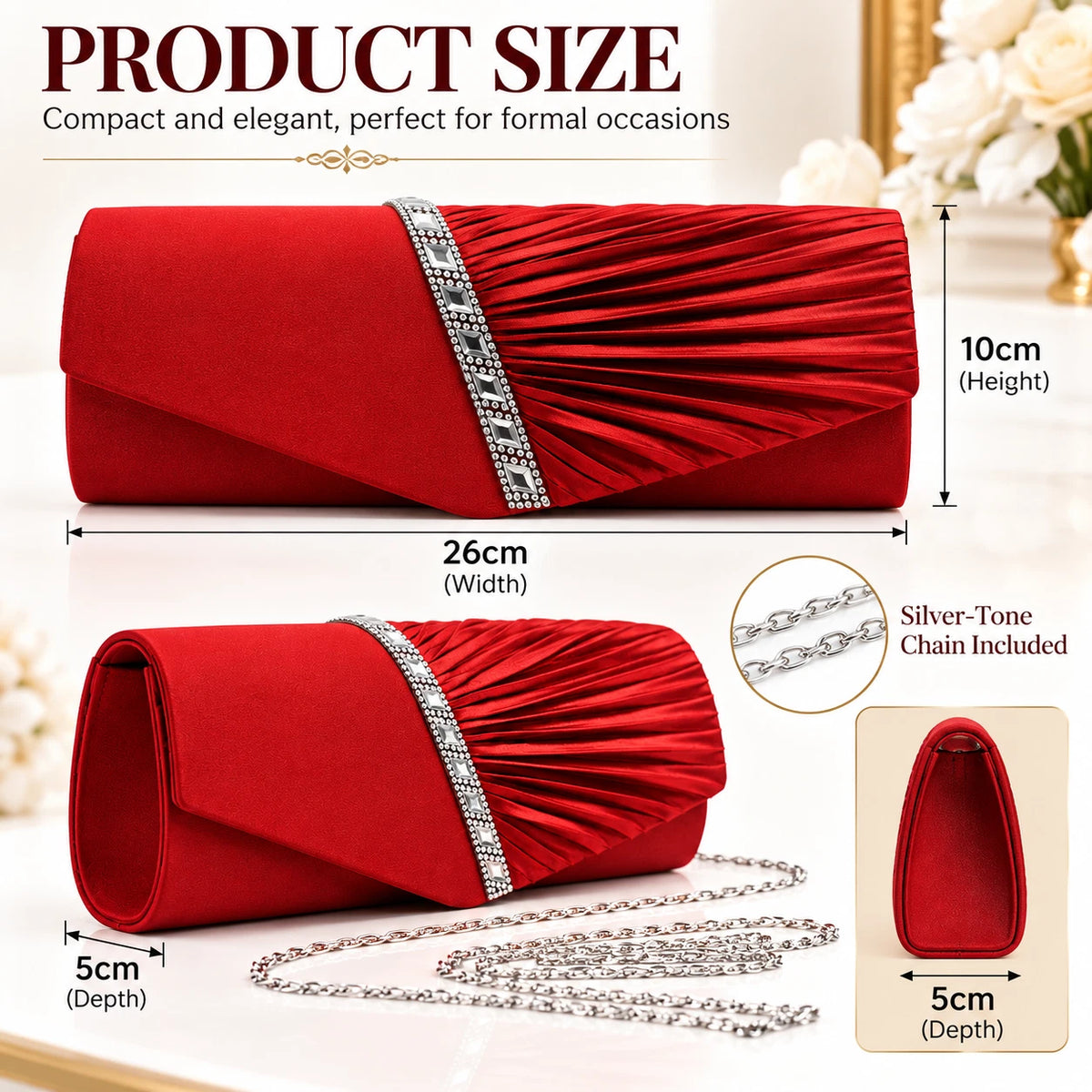 Women Satin Pleated Diamante Evening Clutch Bag Wedding Bridal Party Chain Bags 8 Colour