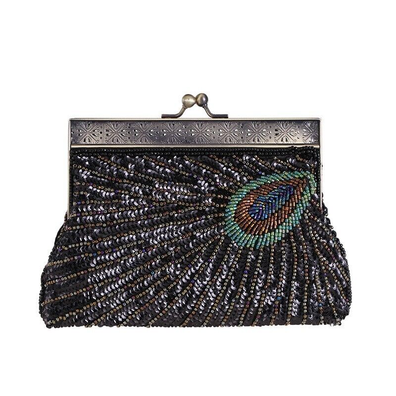 Women Bridal Metal Frame Sequined Bead Party Wedding Handbag Prom Evening Clutch