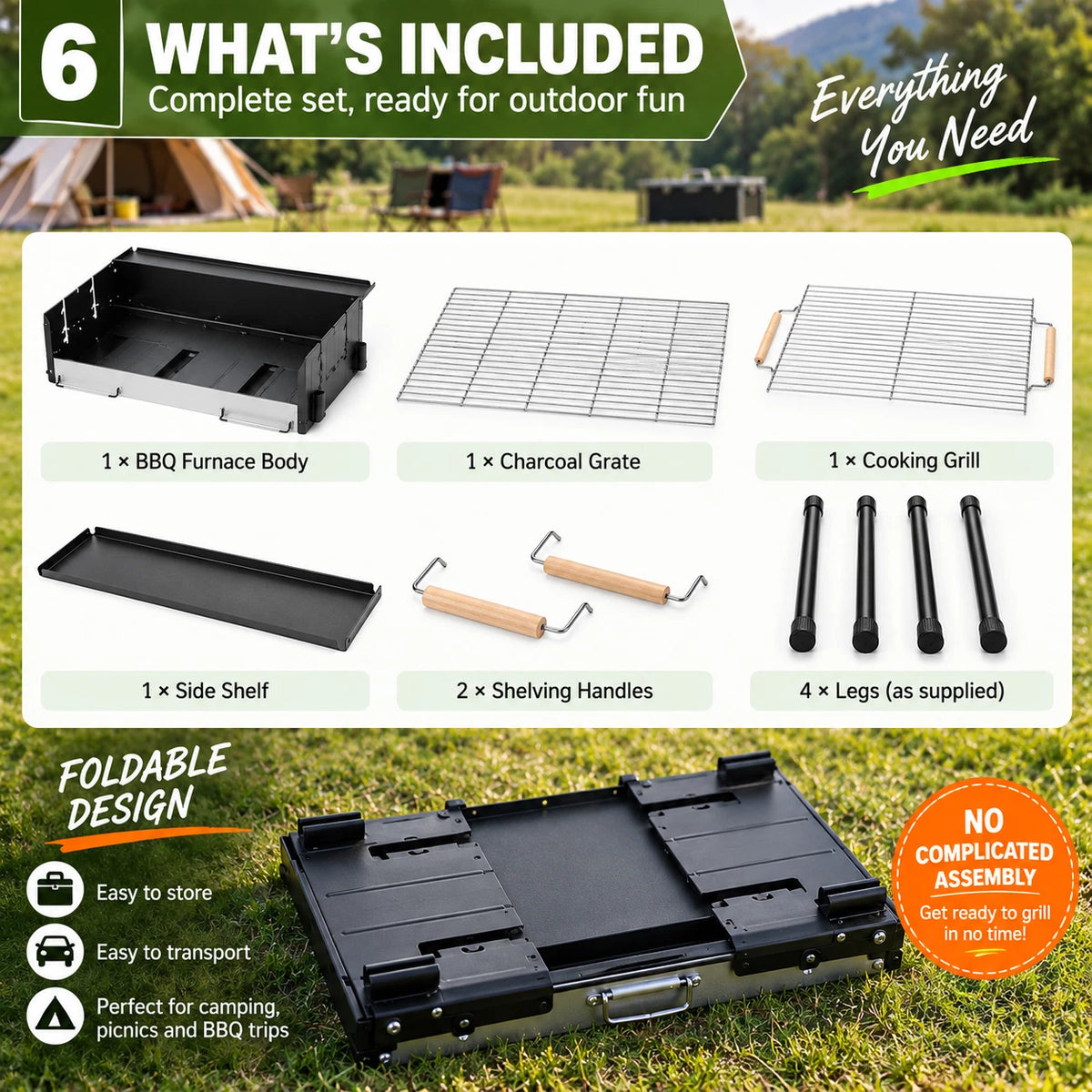Large Windshield Charcoal BBQ Grill Portable Foldable Camping Outdoor Barbecue