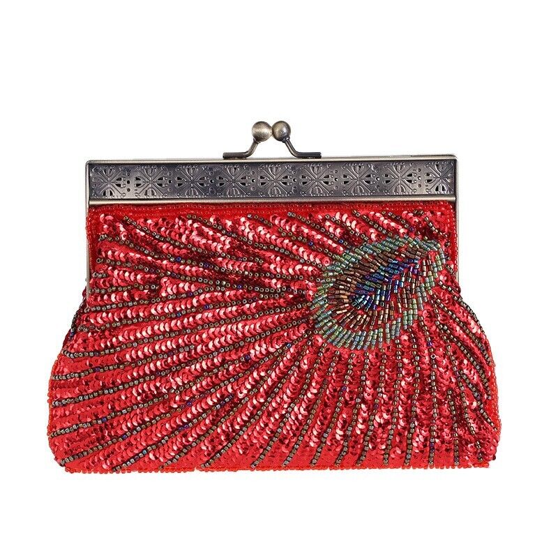 Women Bridal Metal Frame Sequined Bead Party Wedding Handbag Prom Evening Clutch