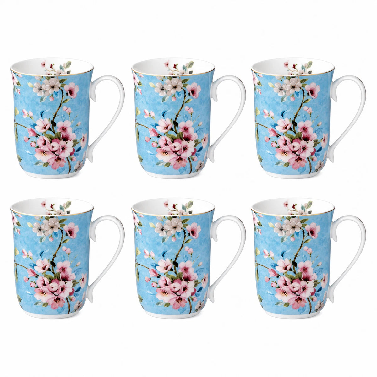 1-6x Blue Floral Porcelain Mug 405ml Vintage Peach Blossom Tea Coffee Cup Daily Gift