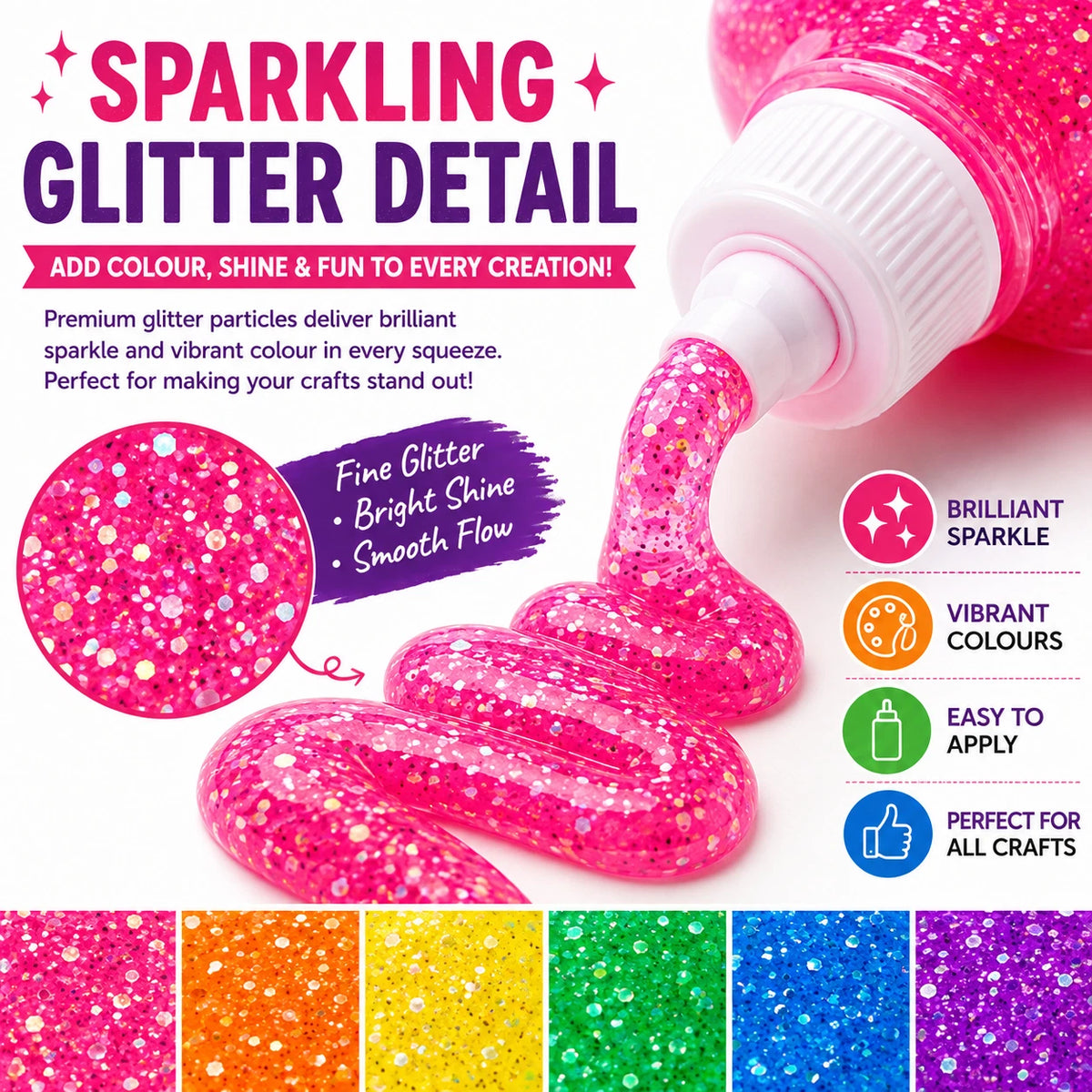 6 Pack 100g Glitter Glue Assorted Colours Sparkle Art Craft DIY Adhesive Decor