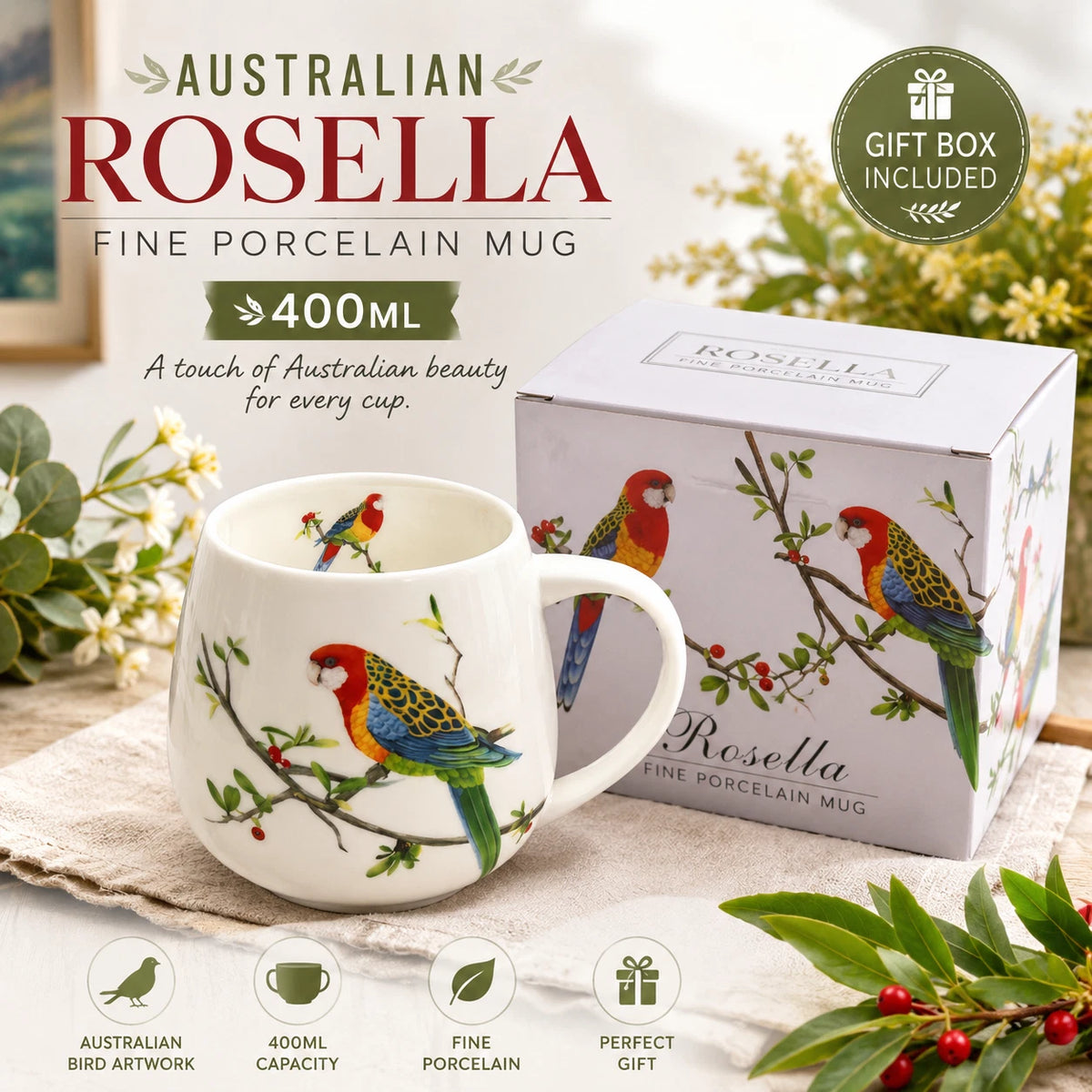 1-6X 400ml Rosella Australian Bird Fine Porcelain Coffee Tea Mug Cup Gift Boxed