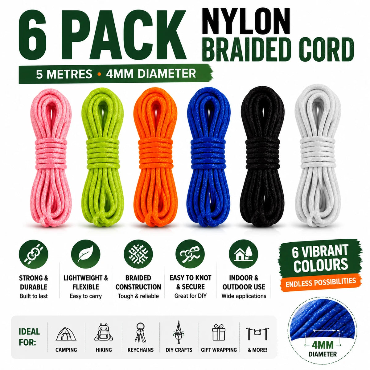 6 Pack 5M 4MM Nylon Braided Cord Rope Craft Camping Hiking DIY Macrame Binding 6 Color