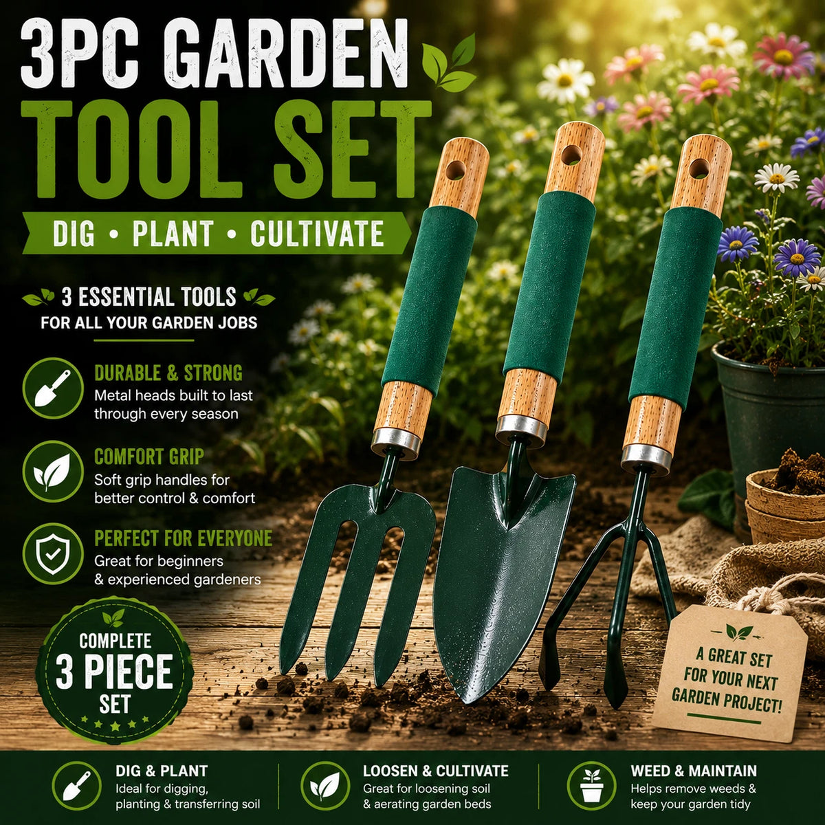 3 Pieces Garden Tool Set Hand Trowel Fork Cultivator Digging Planting Weeding