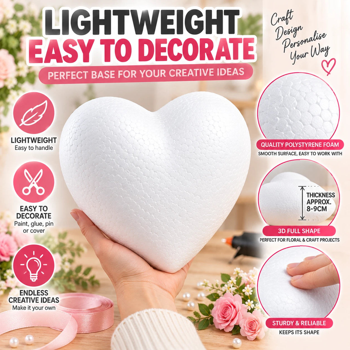 2 Pack 23cm Large Foam Heart Polystyrene Blank DIY Craft Wedding Floral Decor Base