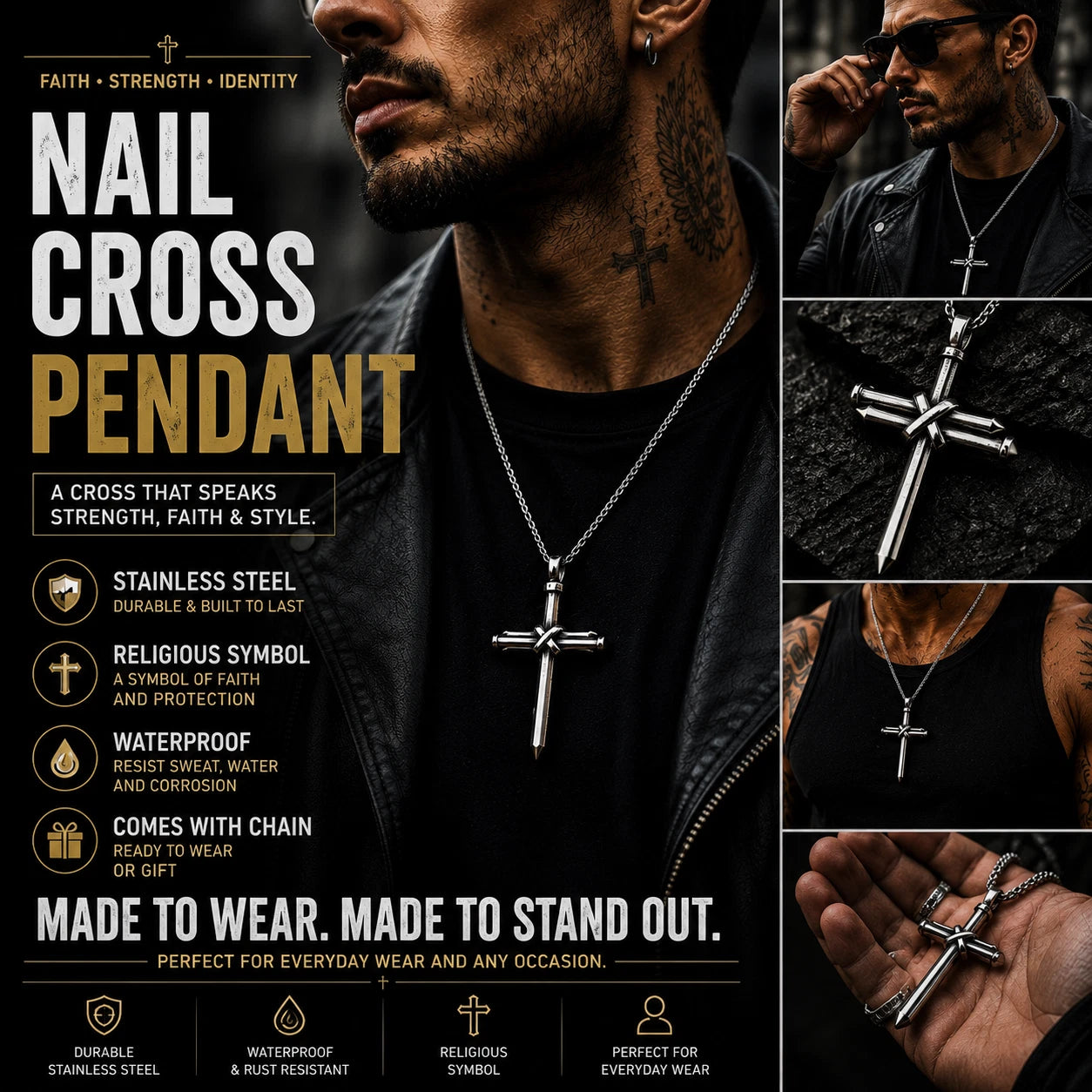 Men Stainless Steel Nail Cross Necklace Silver Crucifix Pendant Religious Jewelry Chain PN0328