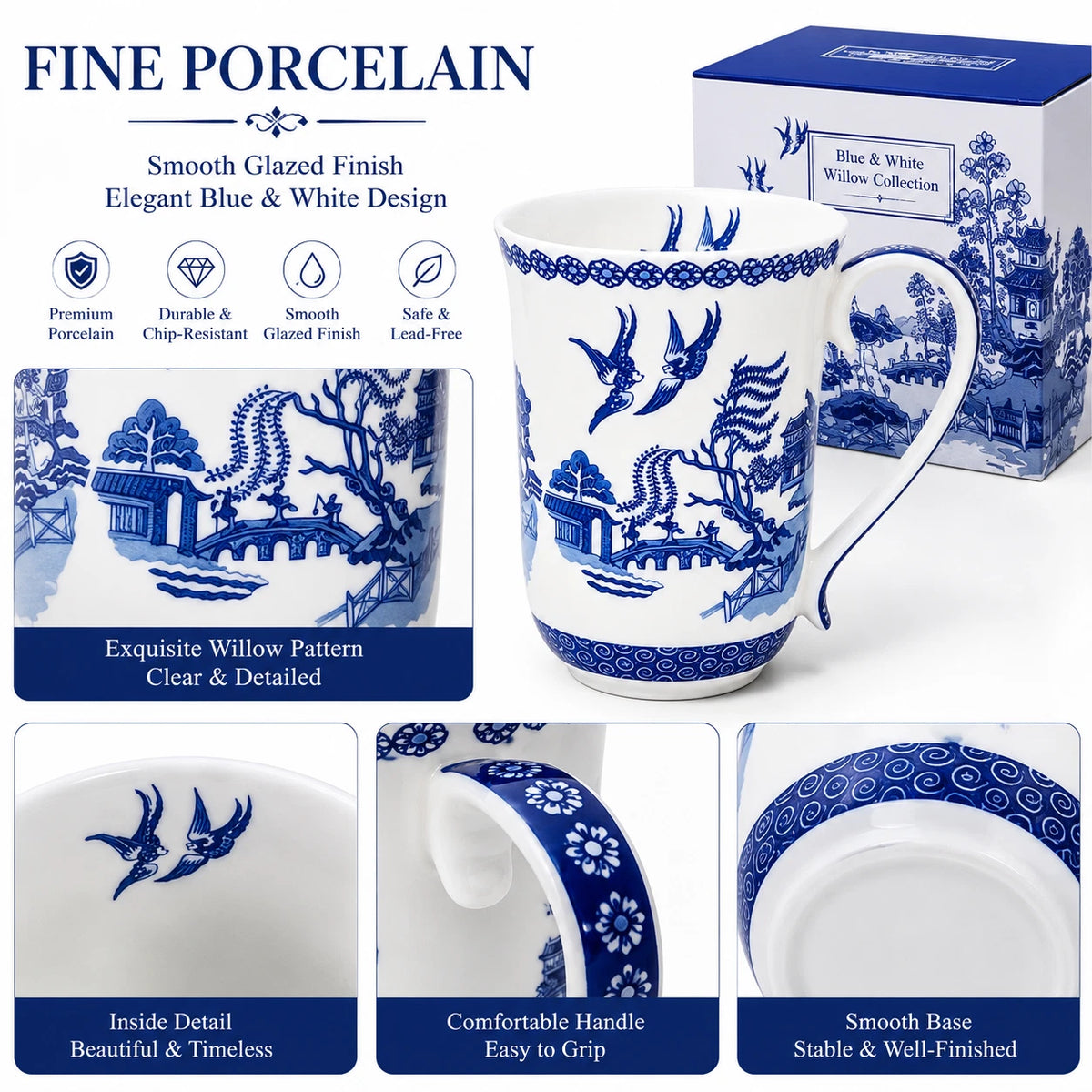 1-6x Classic Blue & White Willow Pattern Mug 405cc Porcelain Tea Coffee Cup Gift Set
