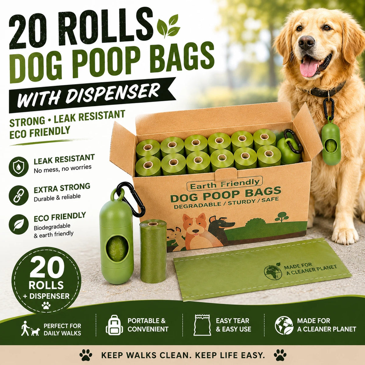 Share 20 Rolls Dog Poop Bags with Dispenser Strong Leak Resistant Waste Bags Easy Tear