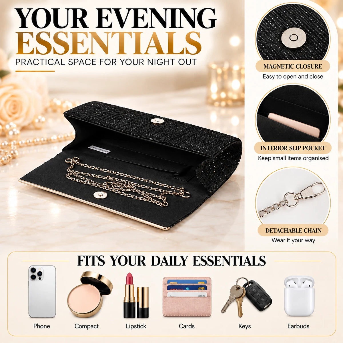 Women Sparkly Evening Clutch Bag Wedding Party Prom Handbag Shoulder Chain Purse
