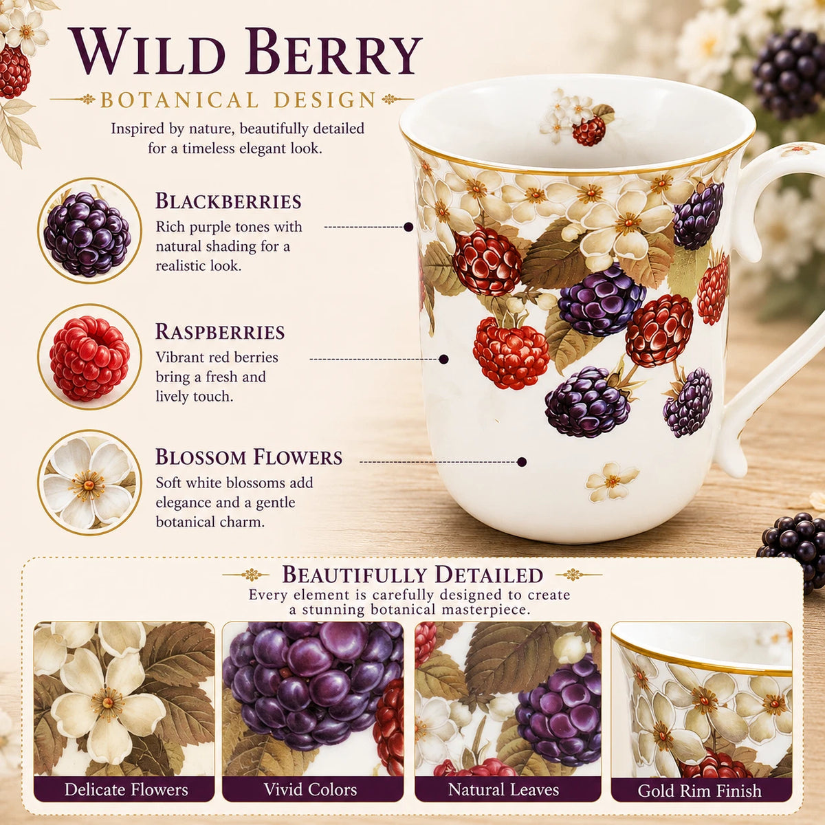 1-6x Wild Berry Floral Fine Porcelain Mug 405cc Coffee Flowers Tea Cup Gift